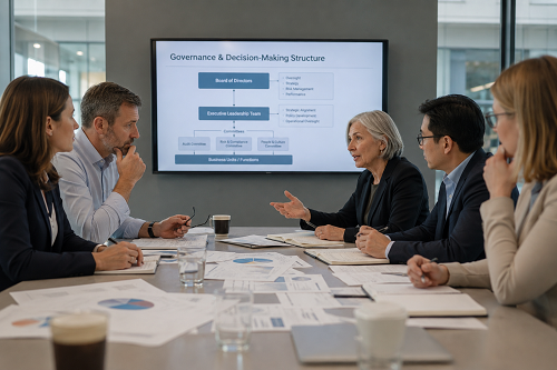Executive leadership team reviewing governance and decision-making structures