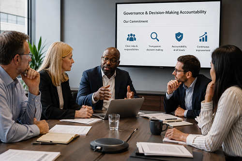 Leadership team discussing governance and decision-making accountability