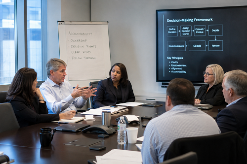 Executive leadership team discussing accountability and decision-making structures