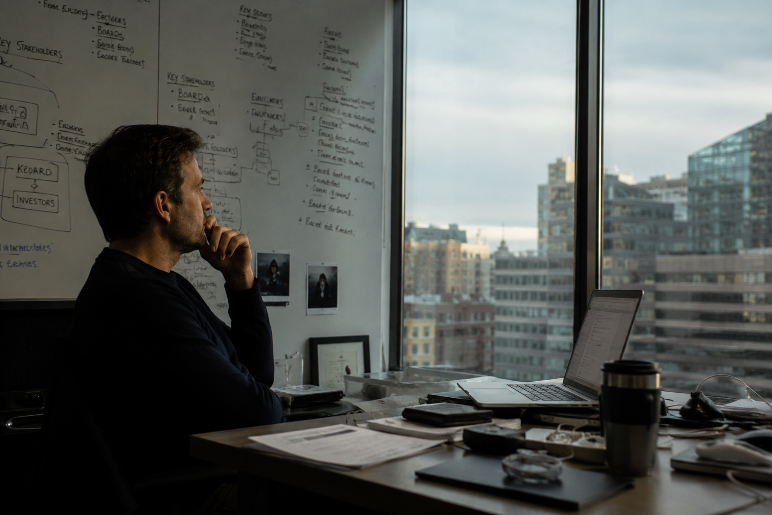 Founder reflecting alone under leadership pressure in an office
