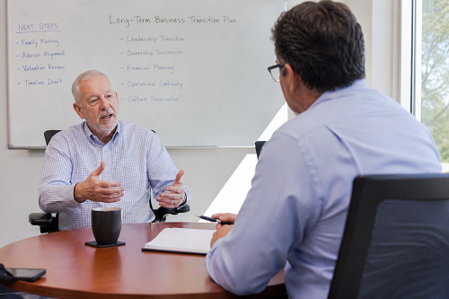 Founder discussing long-term business transition planning