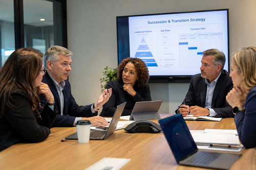 Executive leadership team discussing succession and transition strategy