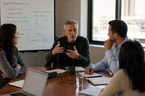 Founder discussing long-term transition planning and leadership sustainability