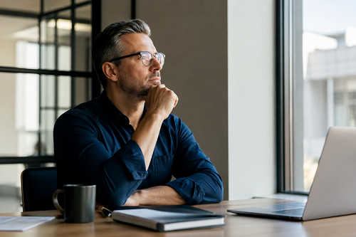 Business leader reflecting on personal growth and emotional wellbeing