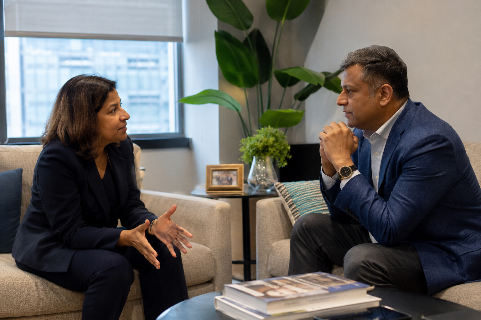 Executive leader discussing personal growth with a development consultant