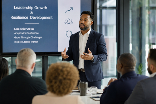 Business leader discussing leadership growth and resilience development