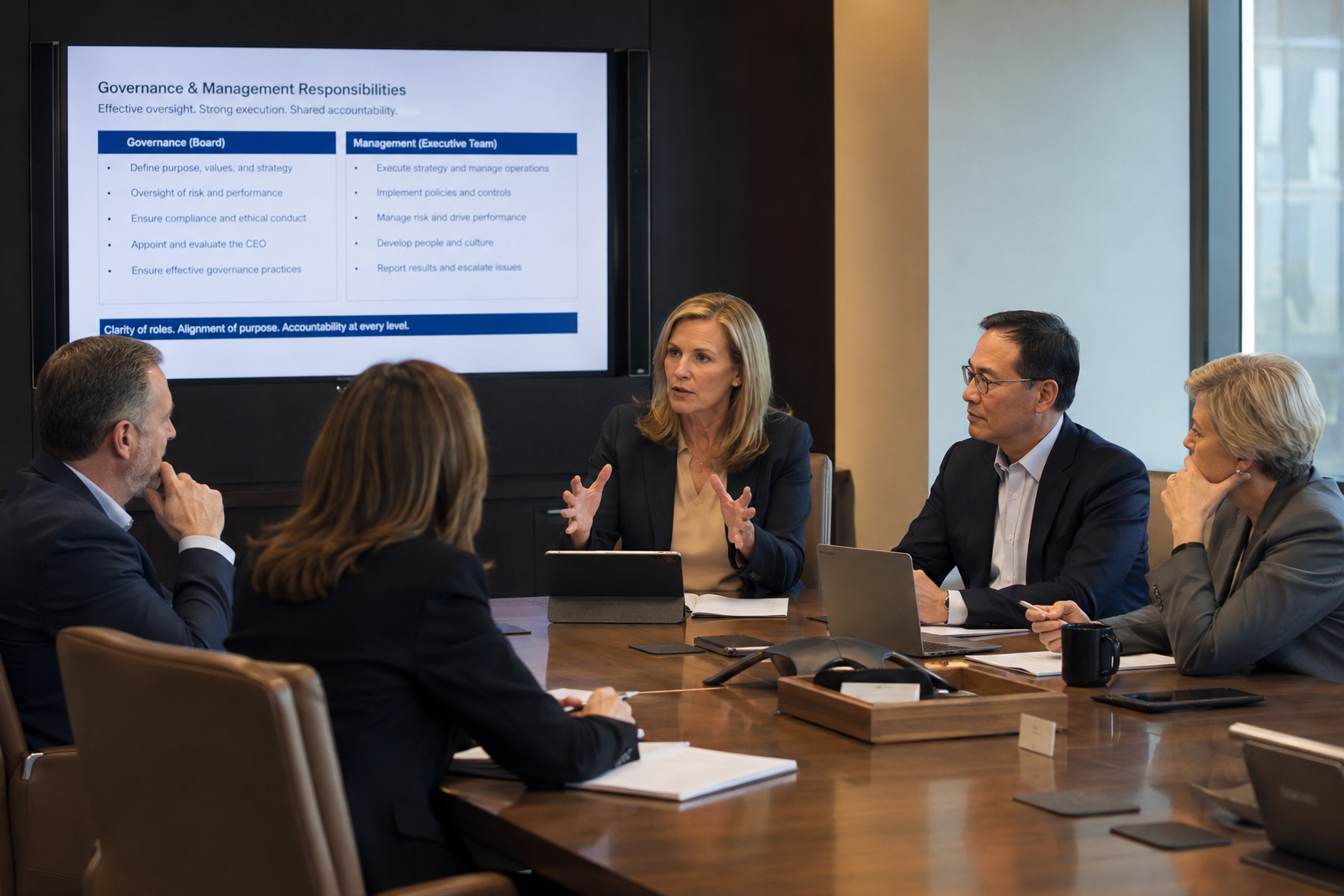 Executive leadership team discussing governance and management responsibilities