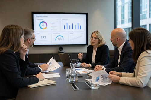 Executive leadership team reviewing governance reporting and organisational analytics