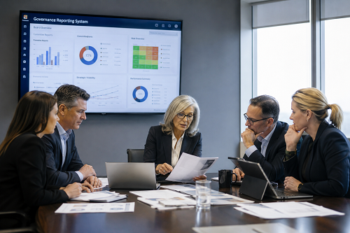 Executive leadership team reviewing governance reporting systems and strategic visibility
