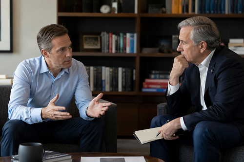 Business leader discussing long-term leadership clarity with a personal advisor