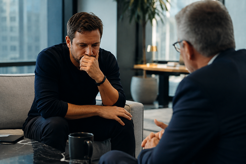 Founder reflecting on leadership pressure during a confidential advisory session