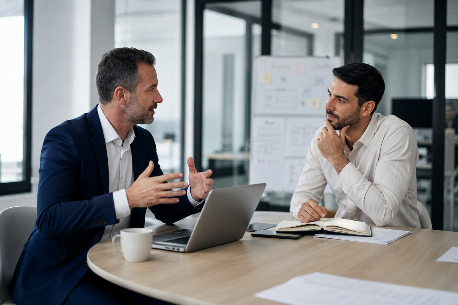 Business coach meeting SME owner in a professional Dublin office