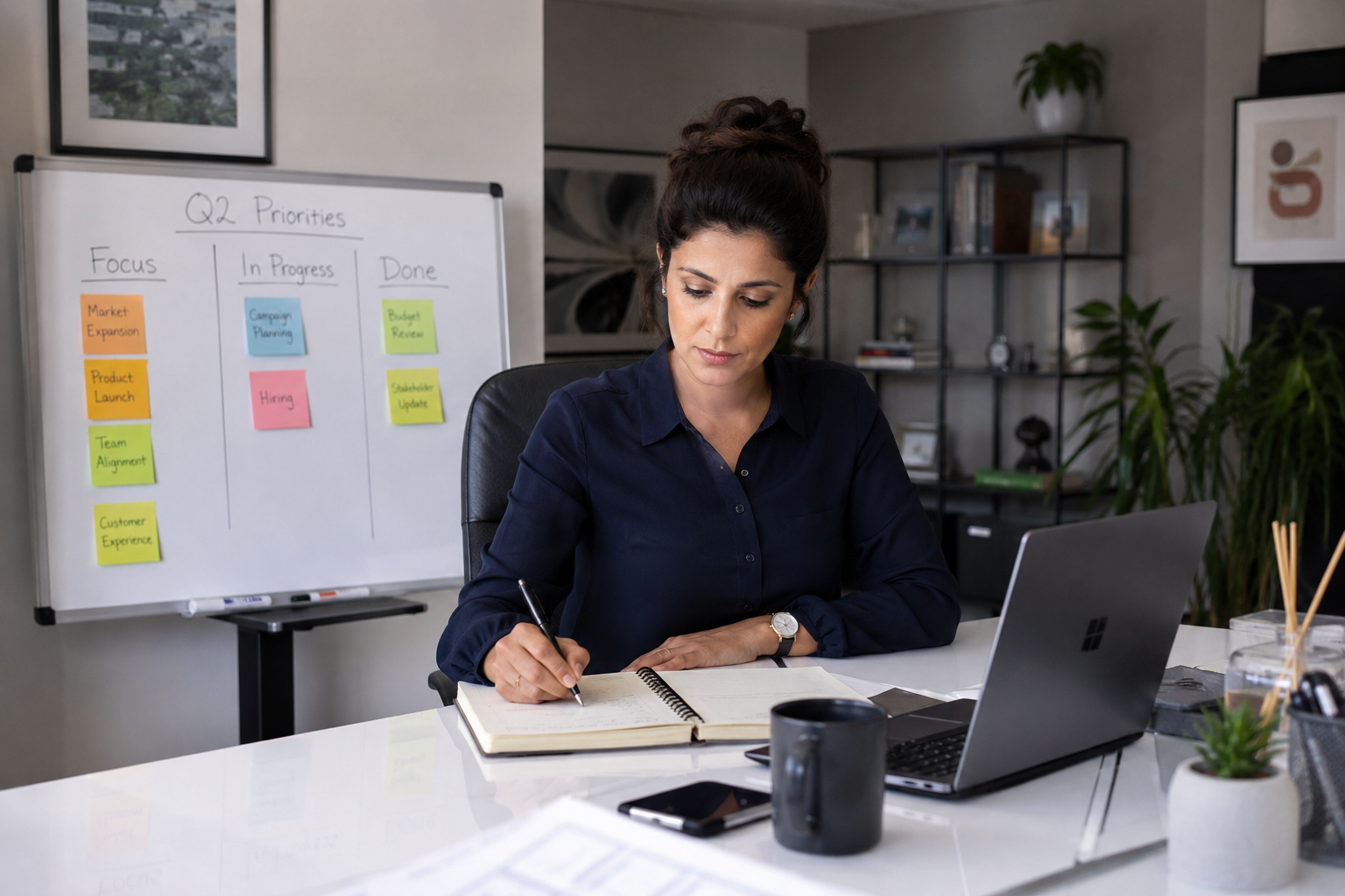 Business leader planning priorities in a structured workspace Business leader planning priorities in a structured workspace