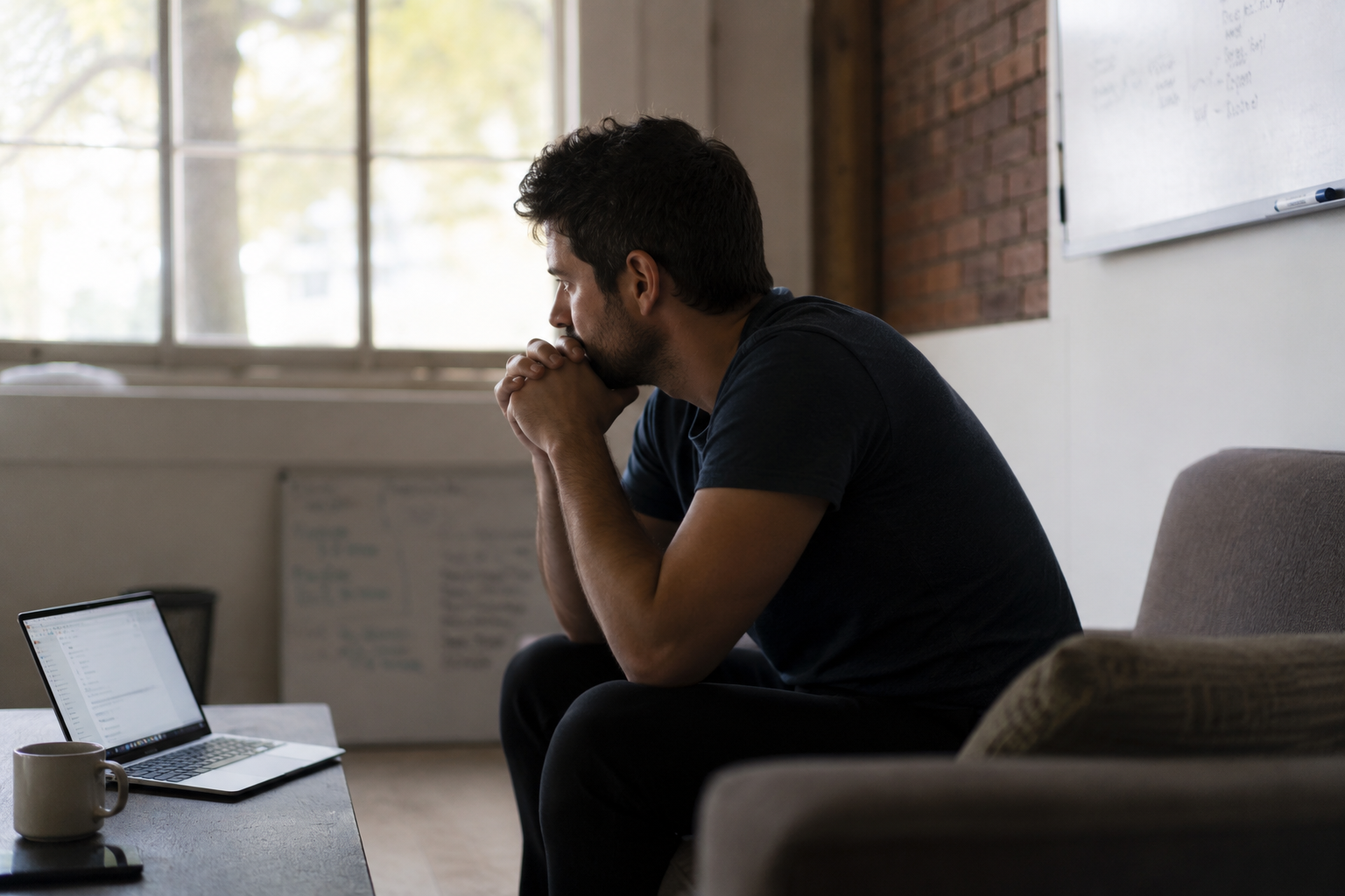 Founder reflecting privately during a period of leadership self-doubt