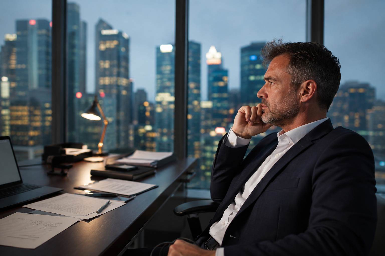 Executive leader reflecting calmly during a stressful leadership period Executive leader reflecting calmly during a stressful leadership period