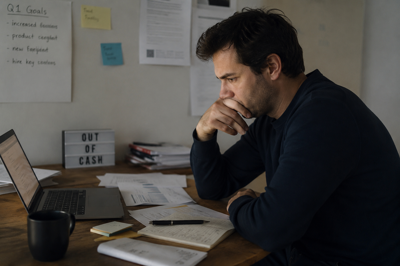 Founder reflecting on financial pressure and business uncertainty