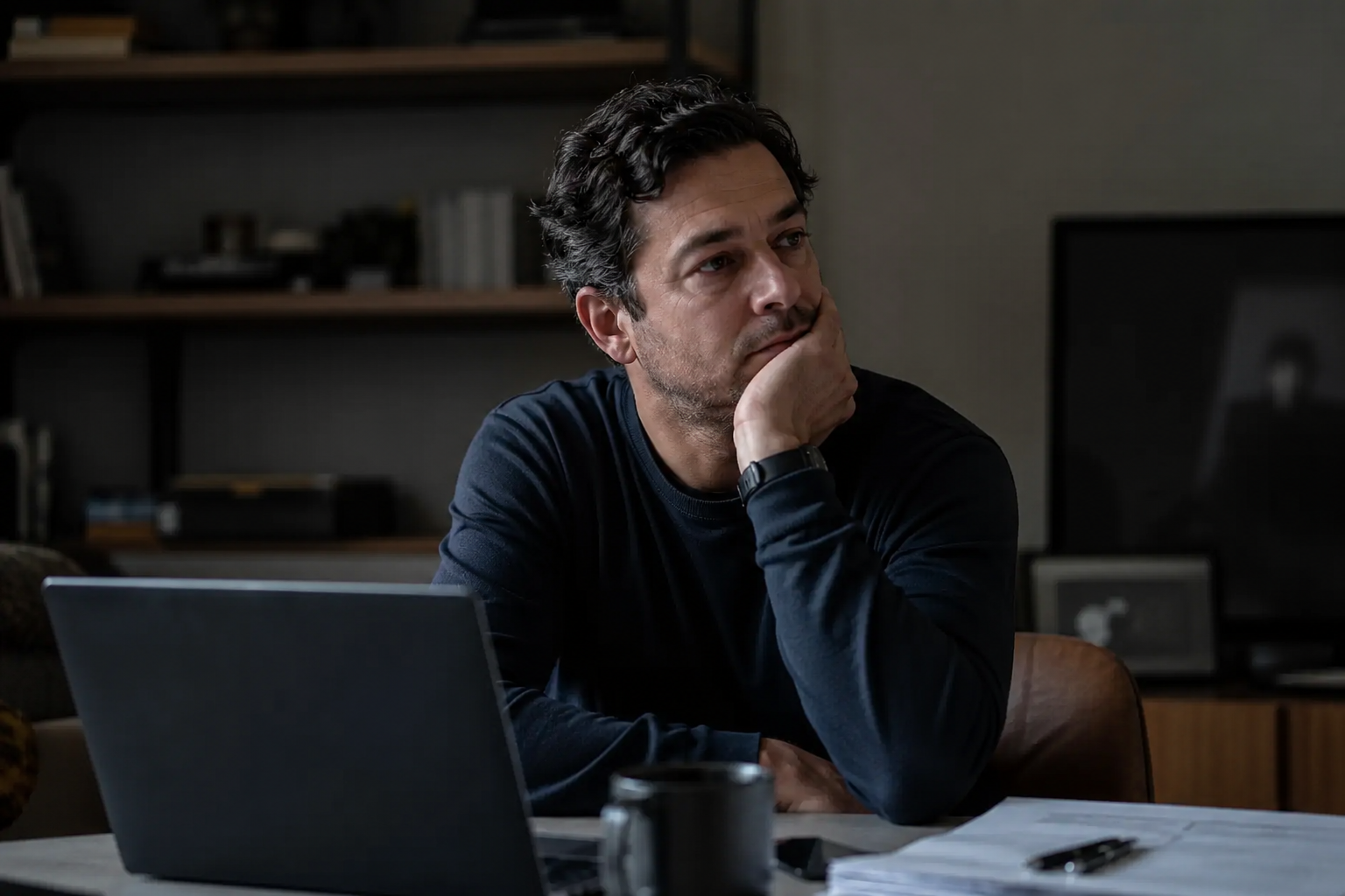 Founder reflecting thoughtfully after a difficult business setback Founder reflecting thoughtfully after a difficult business setback