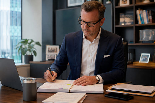 Executive leader organising priorities and schedules in a structured workspace