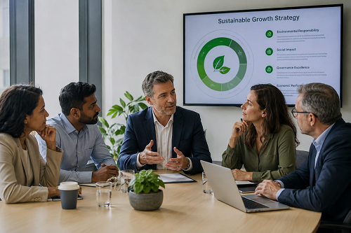 Business leaders discussing sustainable organisational growth strategy