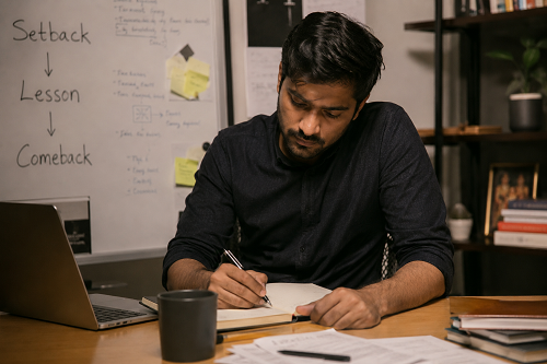 Founder reflecting on leadership growth after business setbacks