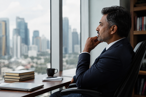 Executive leader reflecting on mindset and leadership behaviour