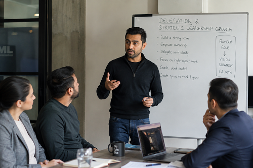 Founder discussing delegation and strategic leadership growth