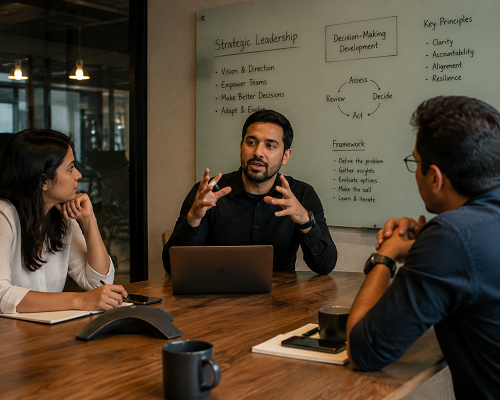 Founder discussing strategic leadership and decision-making development