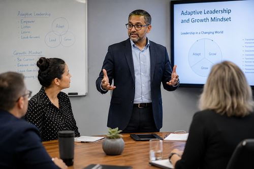 Executive leader discussing adaptive leadership and growth mindset development