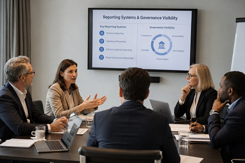 Executive board discussing reporting systems and governance visibility