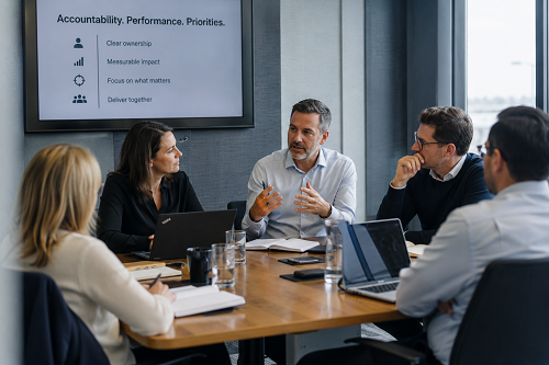 Leadership team discussing accountability, performance and organisational priorities.