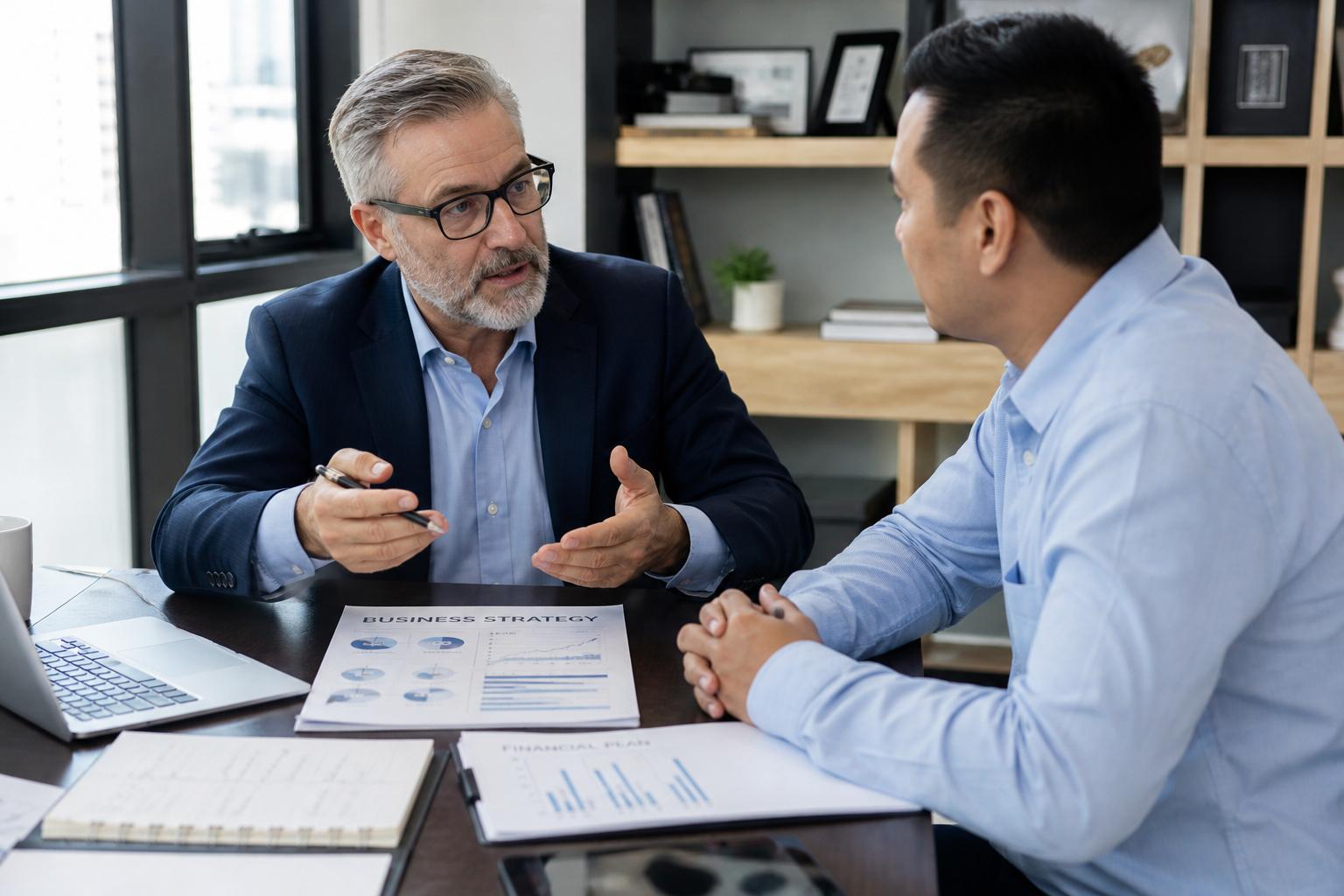 Experienced business mentor discussing growth strategy with SME owner