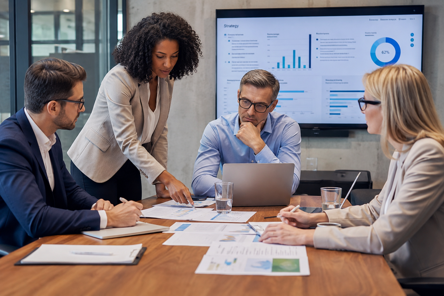 Business consultant reviewing operational efficiency with leadership team