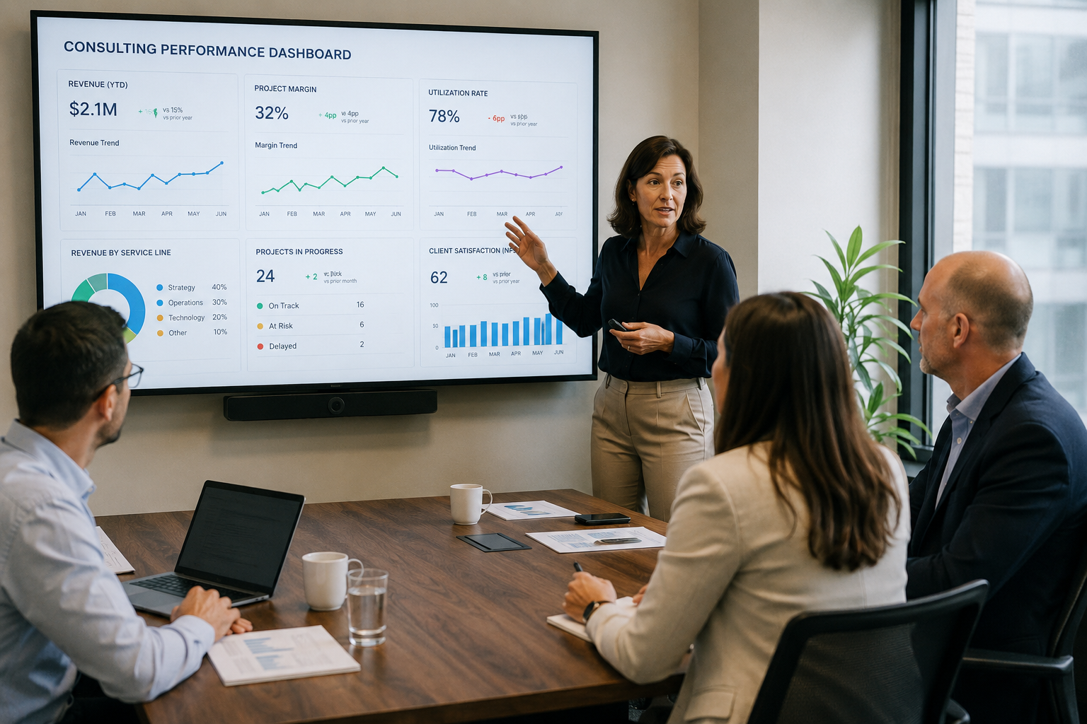 SME leadership team reviewing business consulting performance metrics SME leadership team reviewing business consulting performance metrics