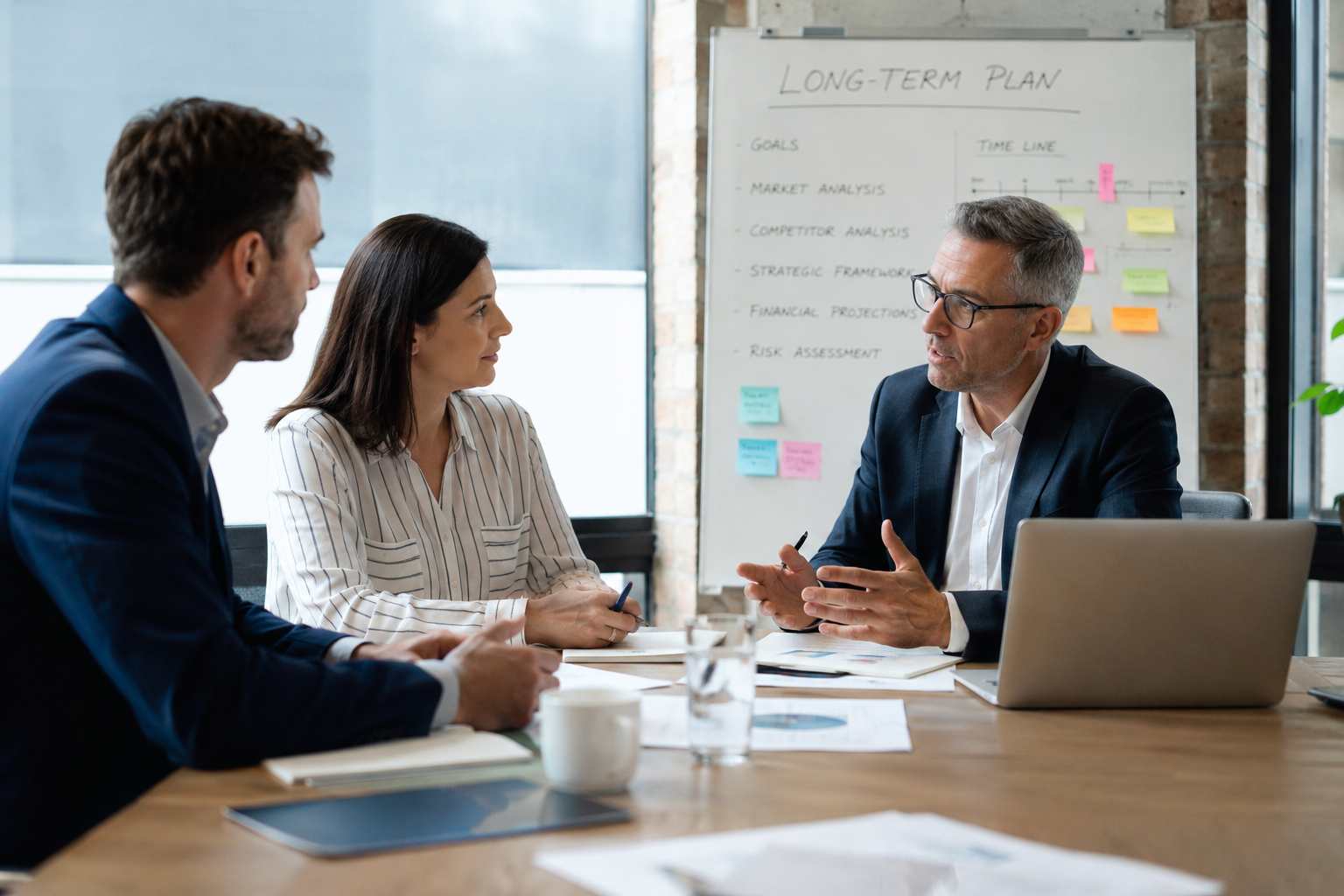 Business strategy advisor discussing long-term planning with SME leadership Business strategy advisor discussing long-term planning with SME leadership