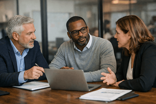 Experienced business mentor providing strategic guidance during structured leadership session