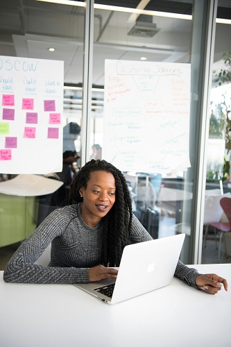 A professional sitting at a desk planning a business niche with a laptop, whiteboard, and research materials.