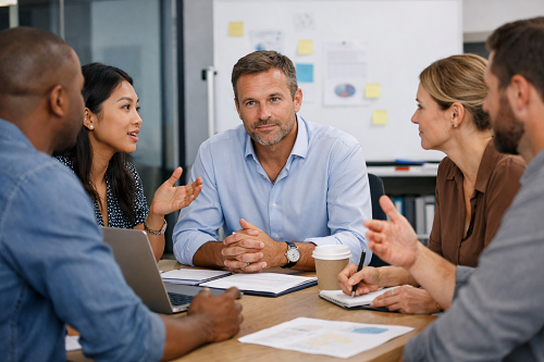 Team members discussing feedback openly