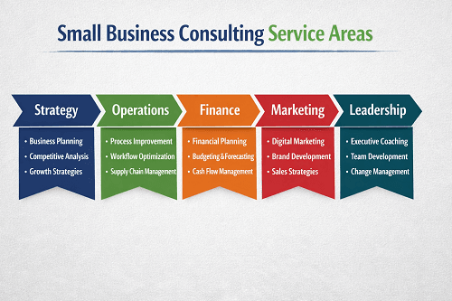 Infographic showing the main service areas provided by small business consultants