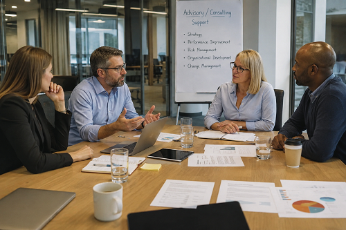 Leadership team discussing advisory and consulting support