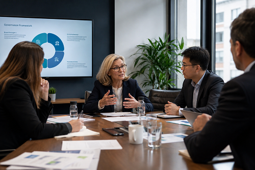 Non-executive director discussing governance strategy with leadership team