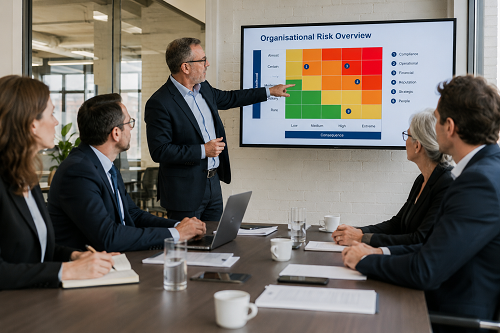 Business advisor reviewing organisational risk with leadership team