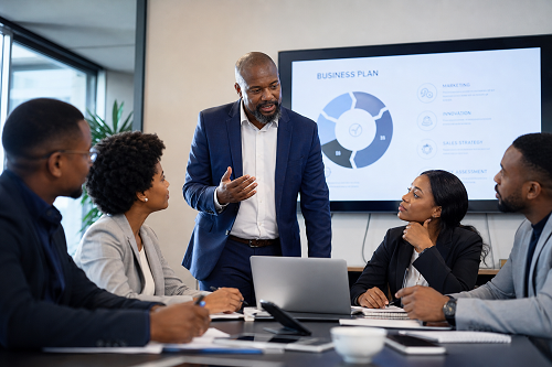 Entrepreneur discussing strategic decisions with mentor