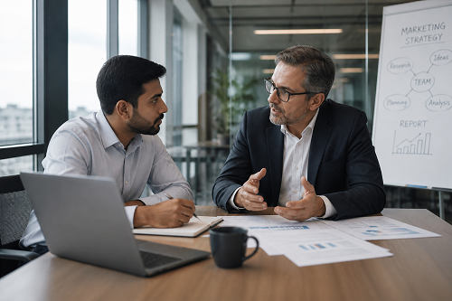Mentor guiding entrepreneur through business planning discussion