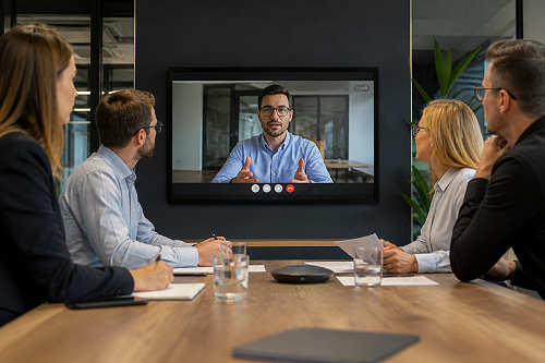 Entrepreneur reflecting during remote mentoring discussion