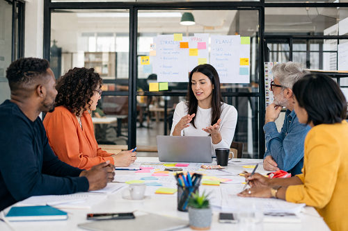 Business consultant reviewing operational strategy with leadership team