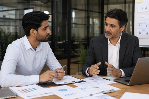 Consultant discussing organisational improvement strategy with SME founder
