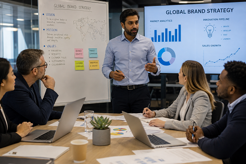 Strategic consultant reviewing long-term business direction with leadership team