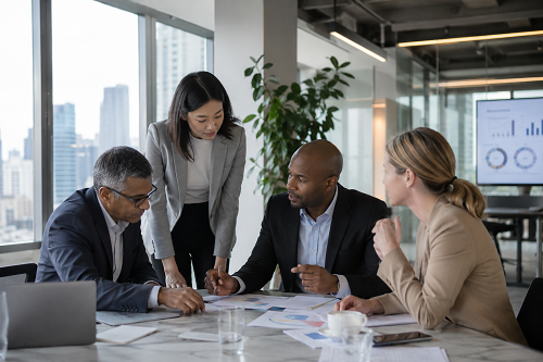 Consultant helping entrepreneur through remote strategic discussion