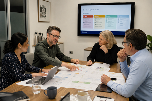 Consultant reviewing operational systems with SME leadership team