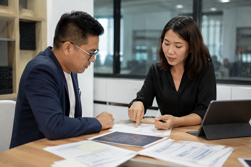 SME founder reviewing operational plans with consultant